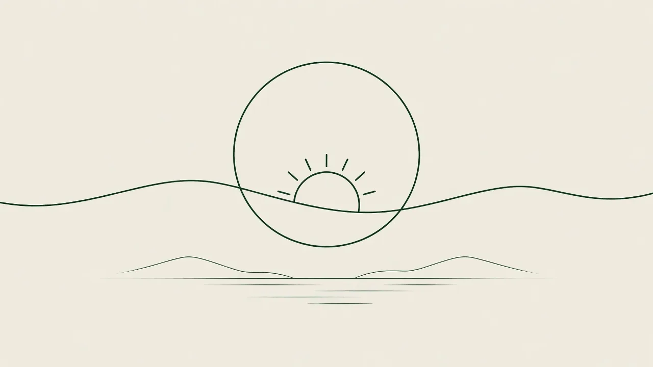 Line drawing of a round window with the sun rising over a gentle wave