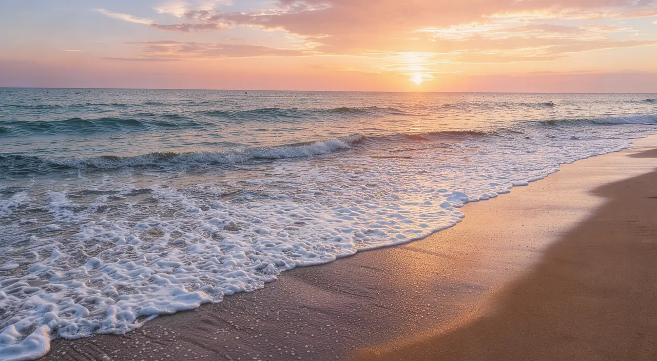 Waves rolling onto a beach at sunset
