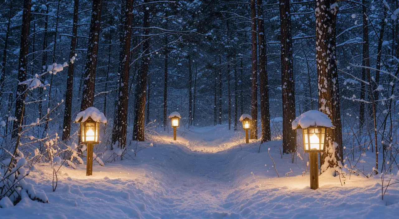 Lanterns along a snowy forest path at night
